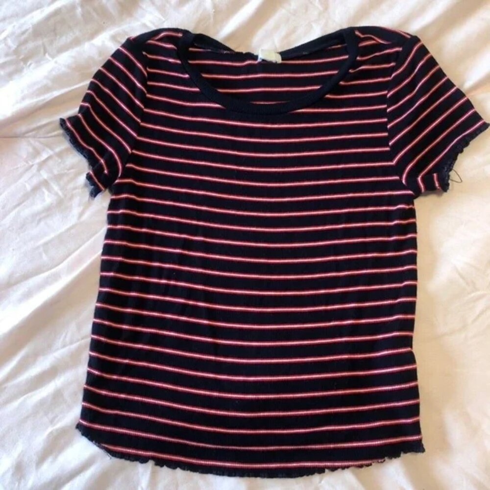 Garage Baby Tee Red White Navy Blue Stripe Ribbed 90s Inspired Lettuce Hem Small